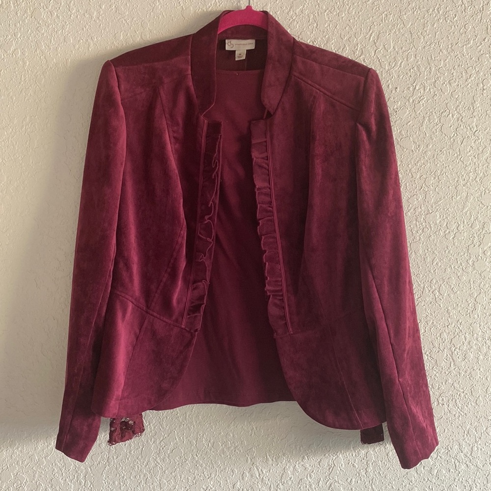 db Women’s Coat - Burgundy + matching ambience apparel blouse w/ lace sleeves